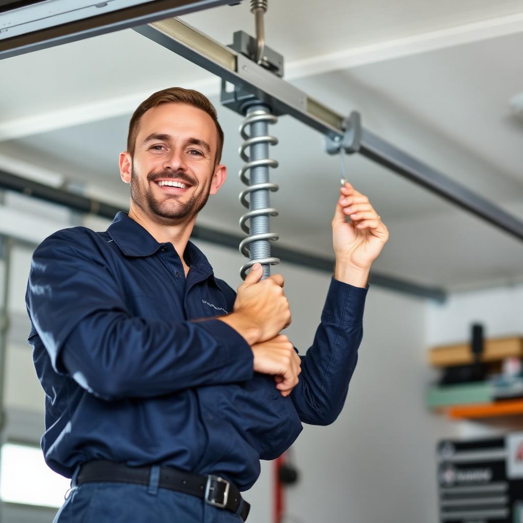 Professional garage door technician in uniform inspecting door springs with expert precision